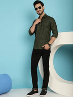 Indian Needle Men's Olive Green Checked Casual Shirt - Olive | Grocsy