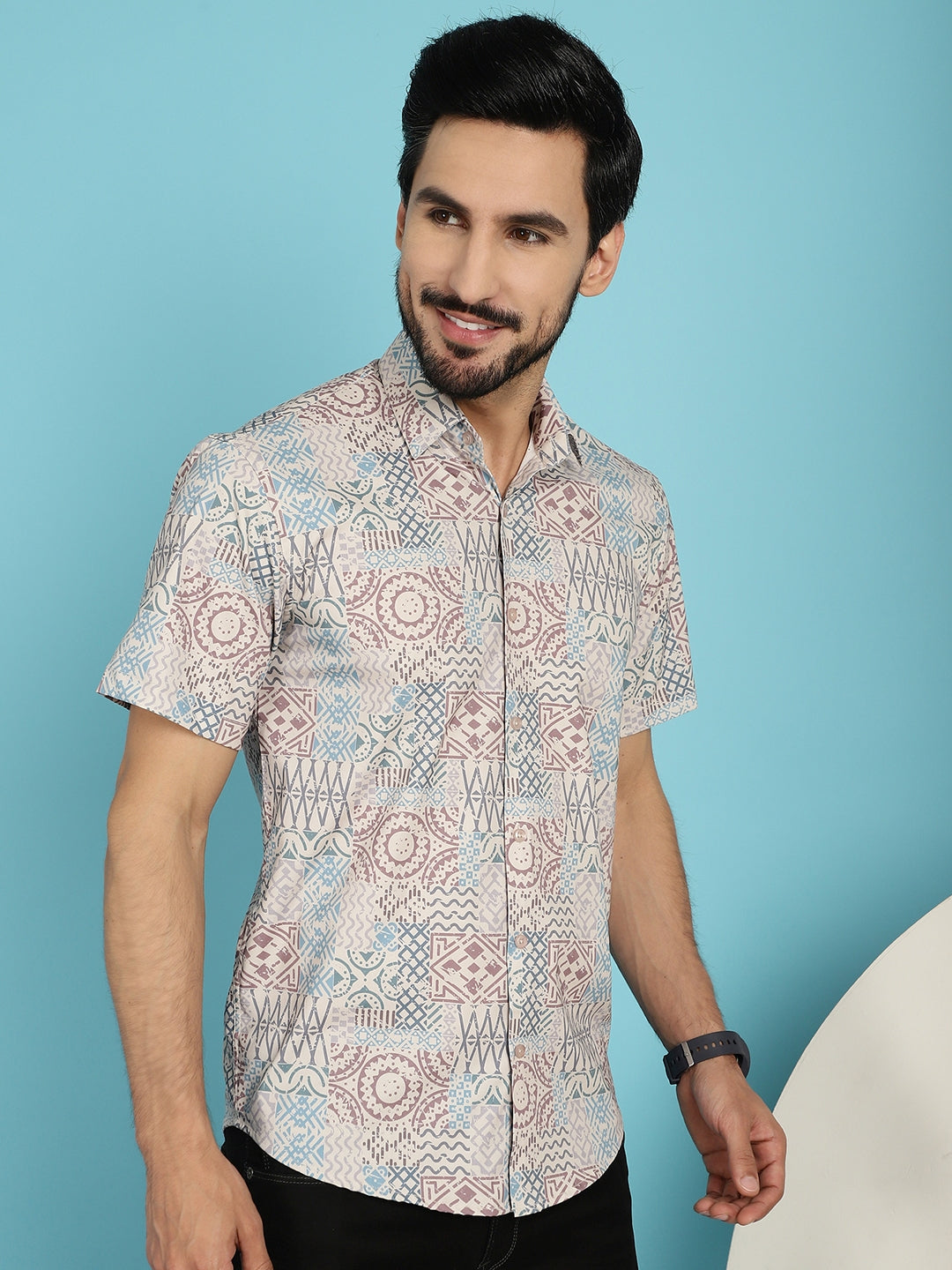Indian Needle Men's Beige Printed Casual Shirt - Beige | Grocsy