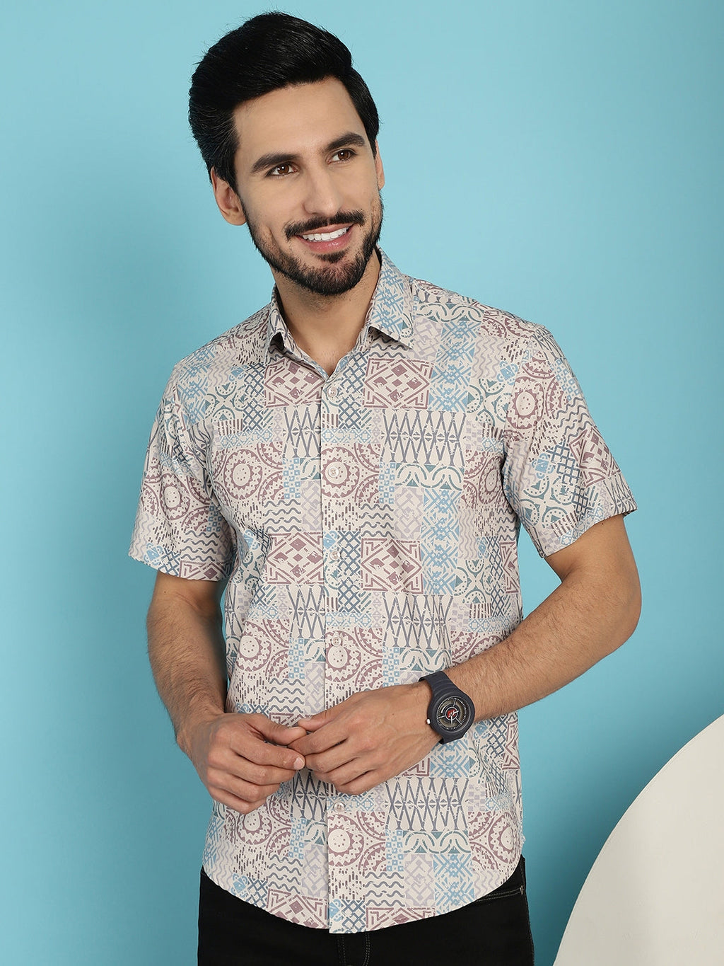 Indian Needle Men's Beige Printed Casual Shirt - Beige | Grocsy