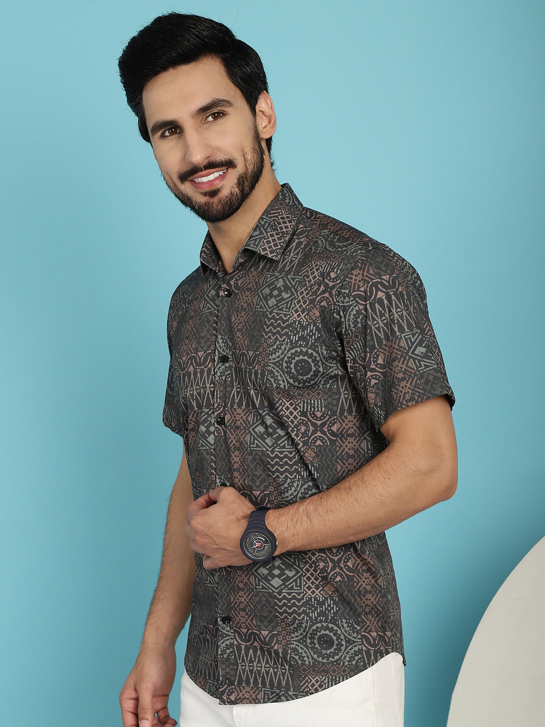 Indian Needle Men's Dark-Grey Printed Casual Shirt - Dark-Grey | Grocsy