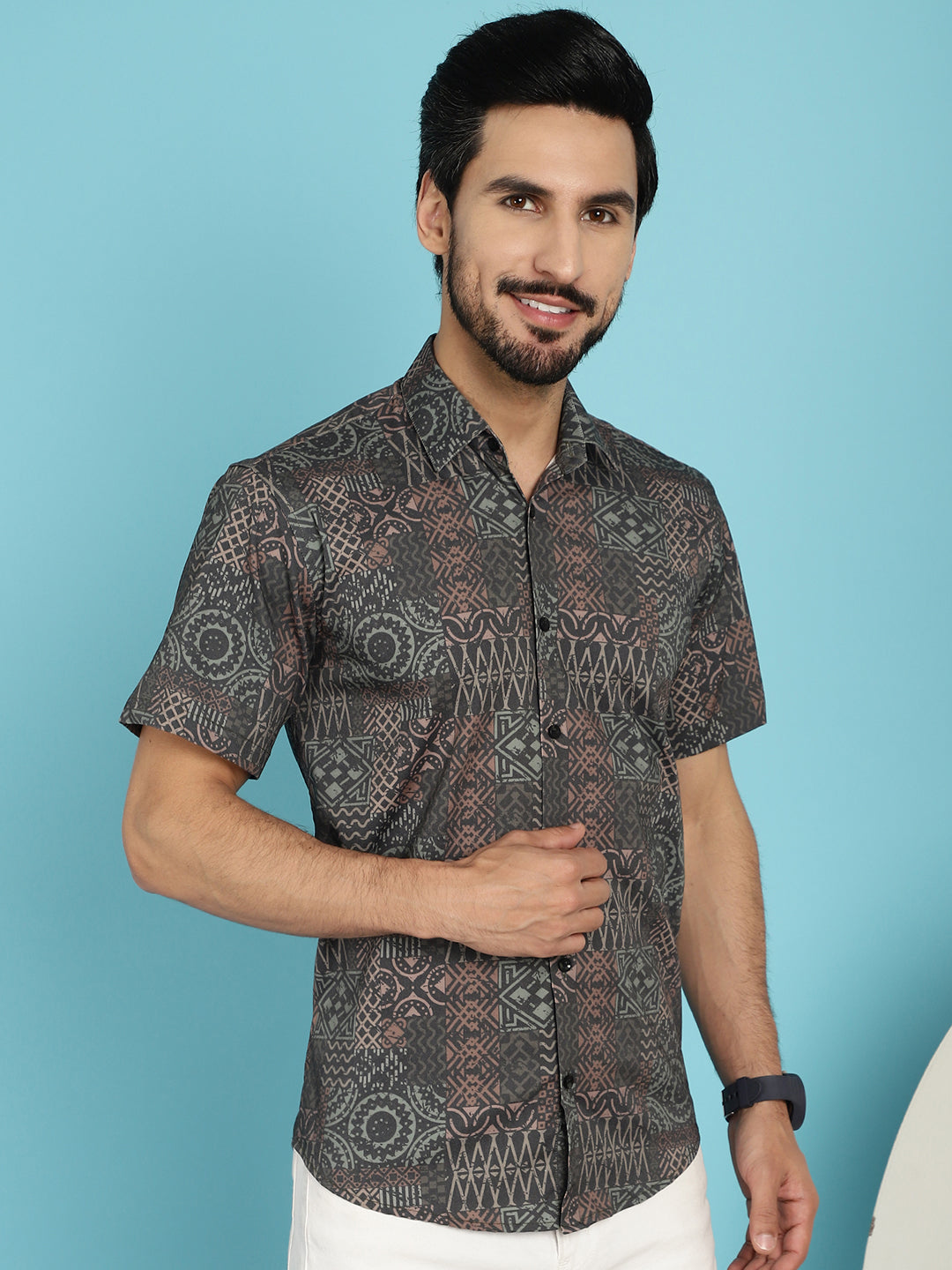 Indian Needle Men's Dark-Grey Printed Casual Shirt - Dark-Grey | Grocsy