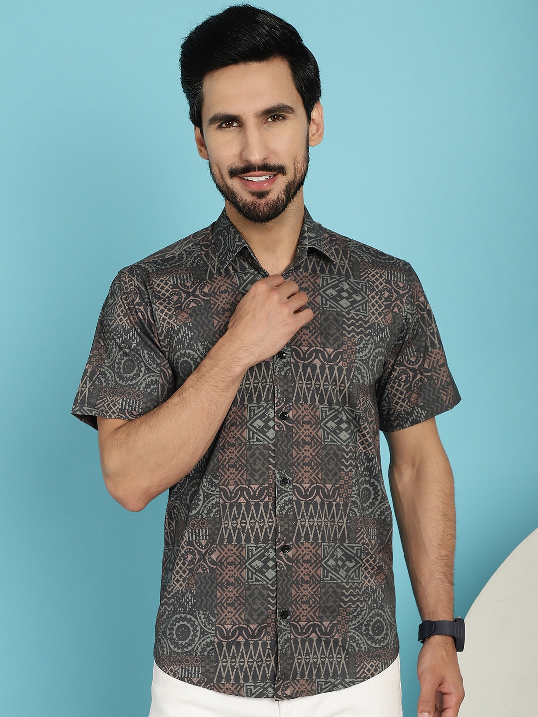 Indian Needle Men's Dark-Grey Printed Casual Shirt - Dark-Grey | Grocsy