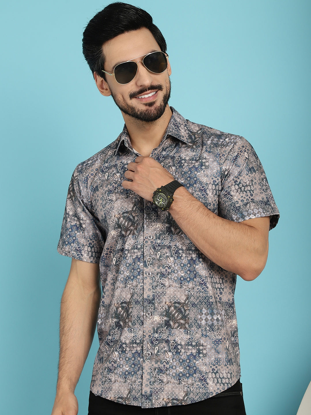 Indian Needle Men's Pejali Printed Casual Shirt - Blue | Grocsy