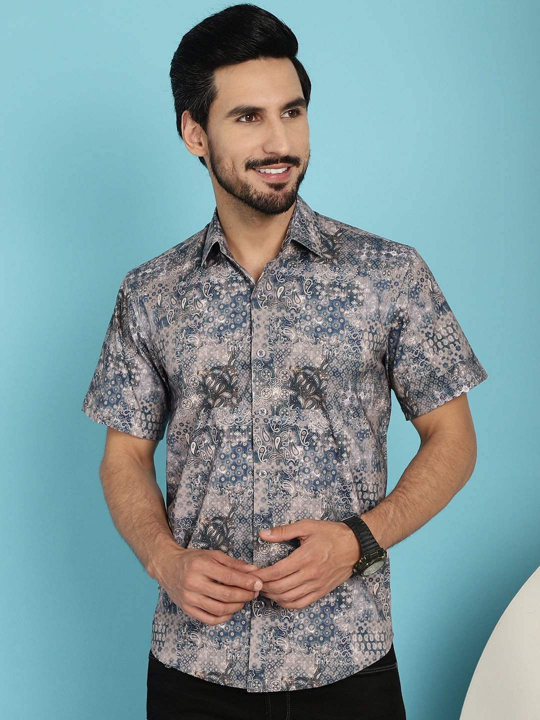 Indian Needle Men's Pejali Printed Casual Shirt - Blue | Grocsy