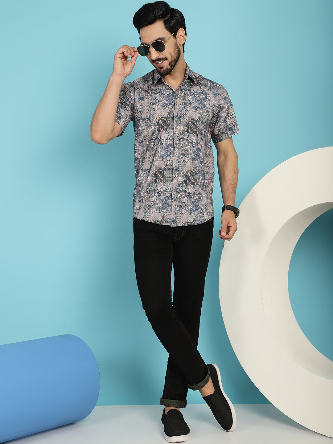 Indian Needle Men's Pejali Printed Casual Shirt - Blue | Grocsy