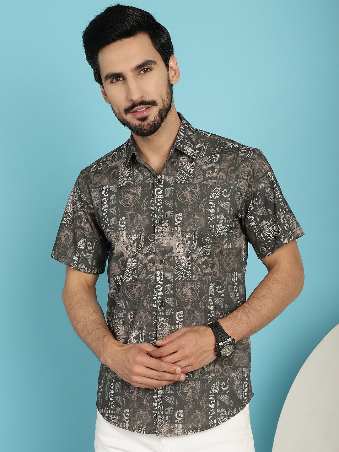 Indian Needle Men's Printed Casual Shirt - Brown | Grocsy