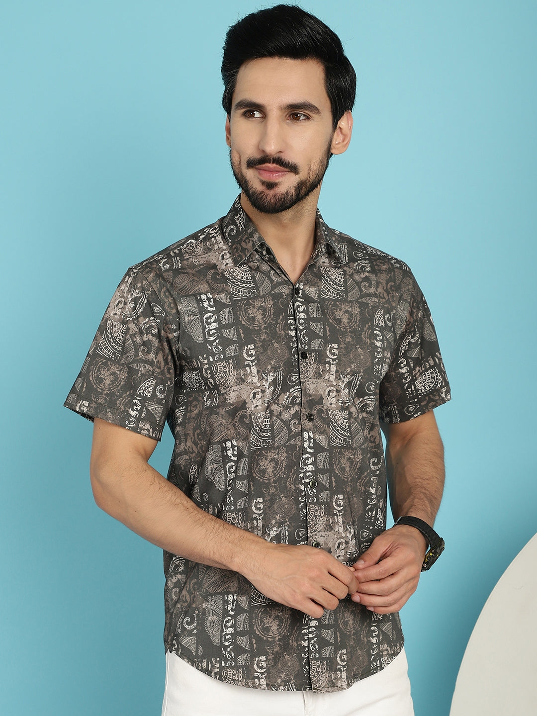 Indian Needle Men's Printed Casual Shirt - Brown | Grocsy