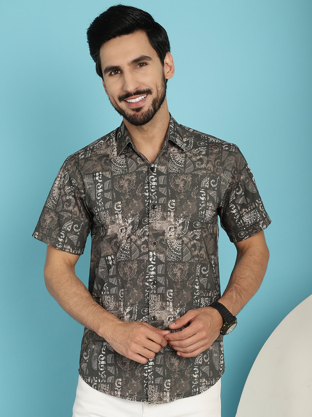 Indian Needle Men's Printed Casual Shirt - Brown | Grocsy