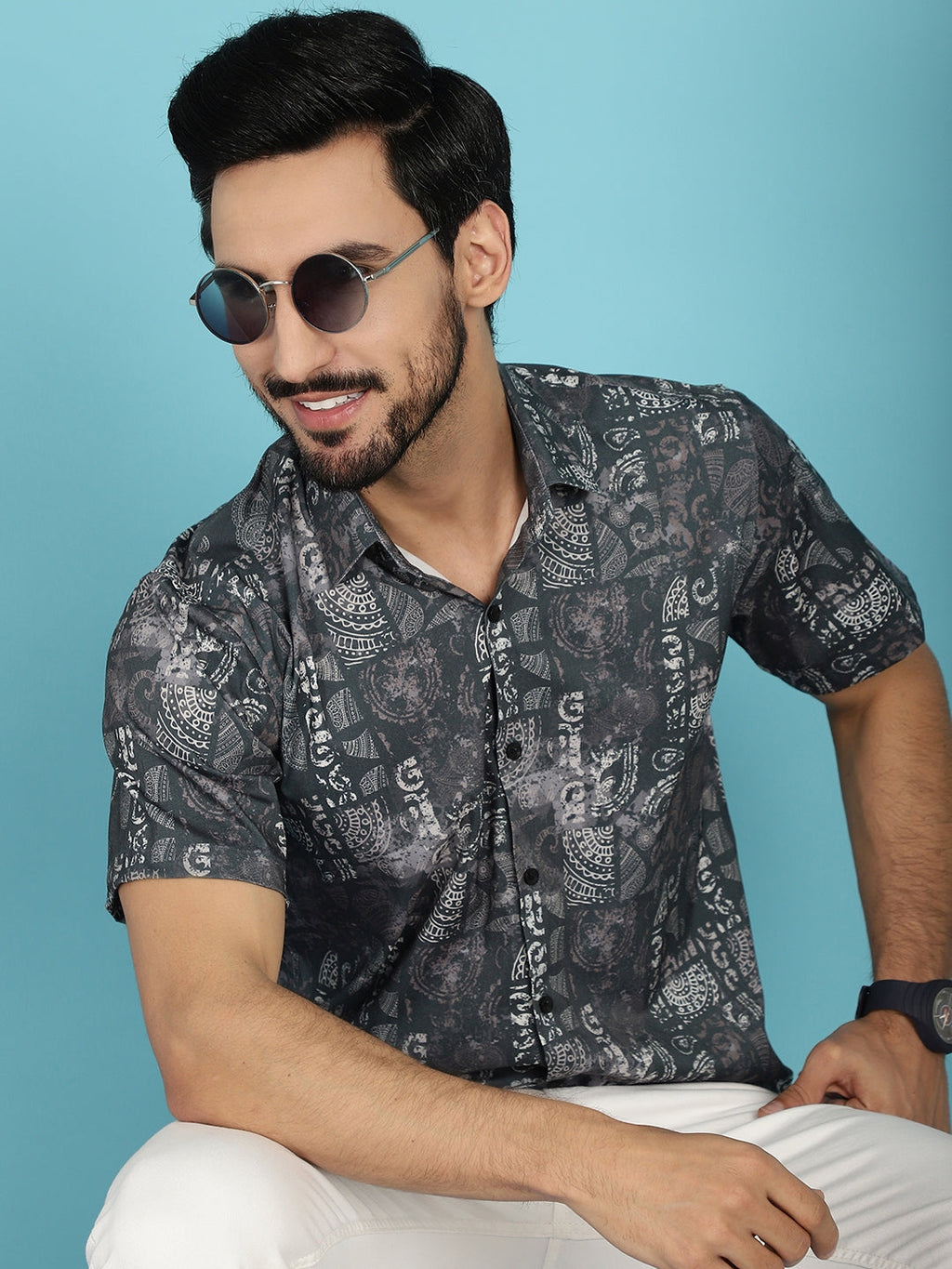 Indian Needle Men's Printed Casual Shirt - Charcoal | Grocsy