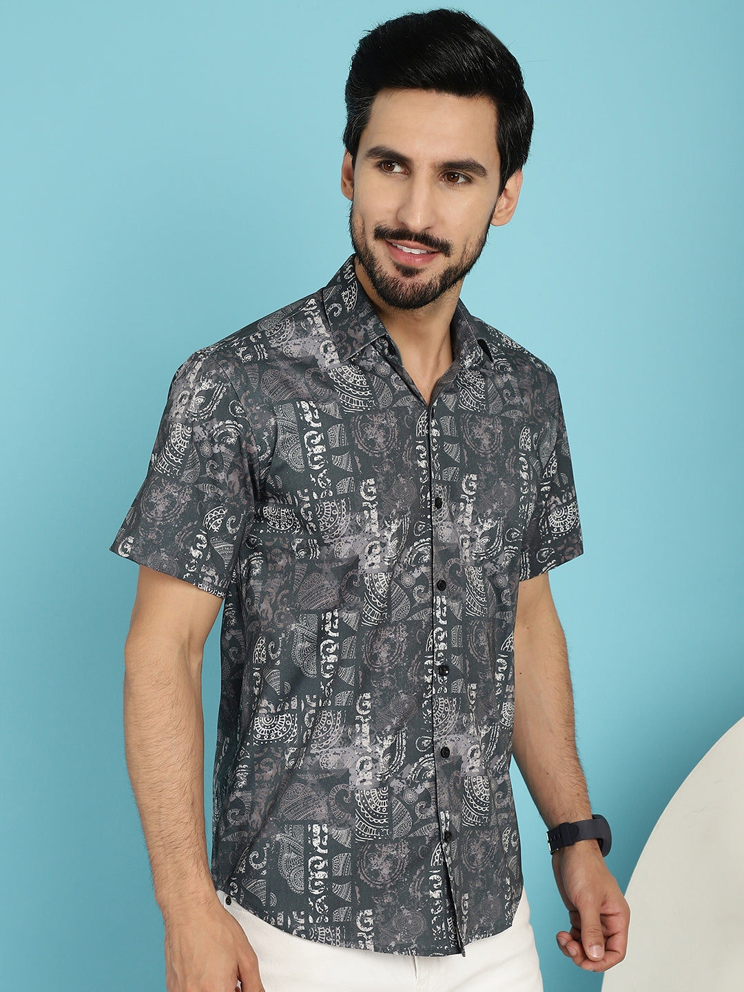 Indian Needle Men's Printed Casual Shirt - Charcoal | Grocsy