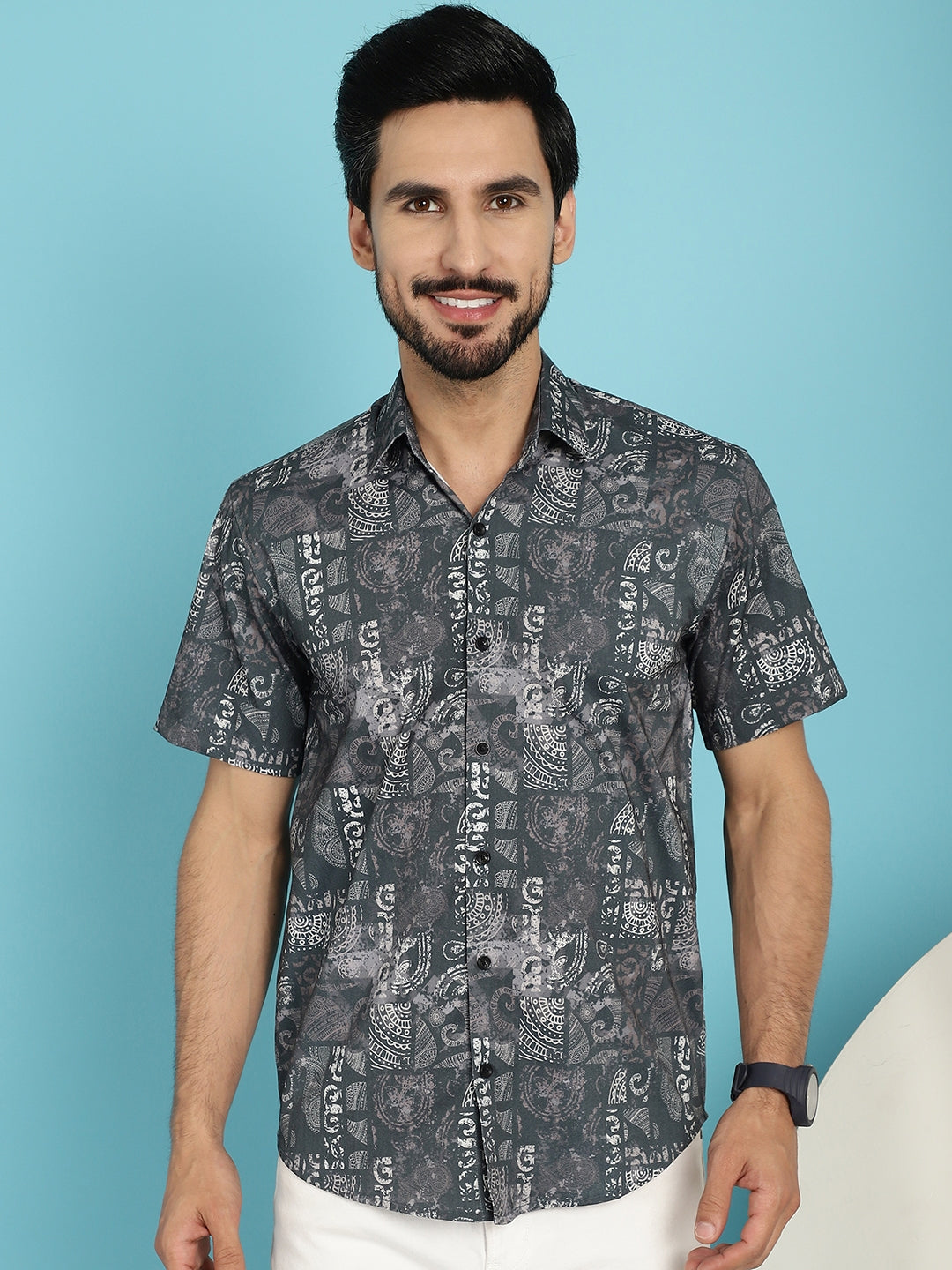 Indian Needle Men's Printed Casual Shirt - Charcoal | Grocsy