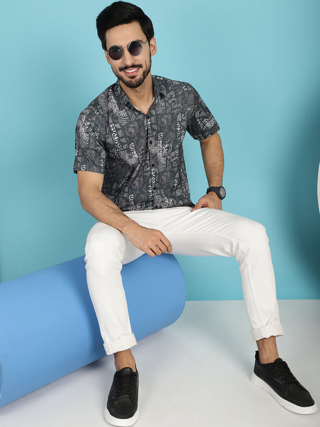 Indian Needle Men's Printed Casual Shirt - Charcoal | Grocsy