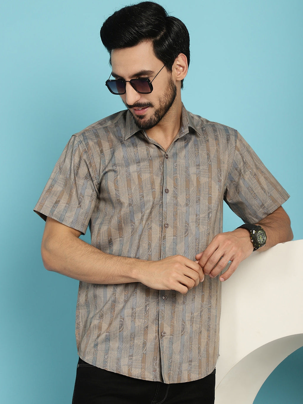 Indian Needle Men's Floral Printed Casual Shirt - Beige | Grocsy