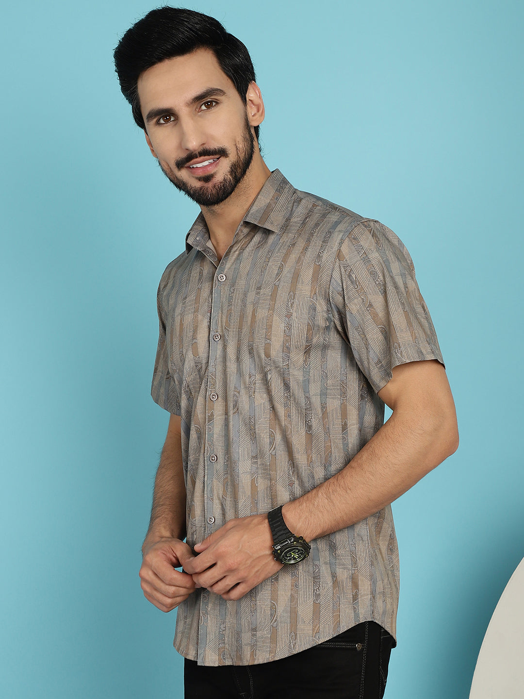 Indian Needle Men's Floral Printed Casual Shirt - Beige | Grocsy