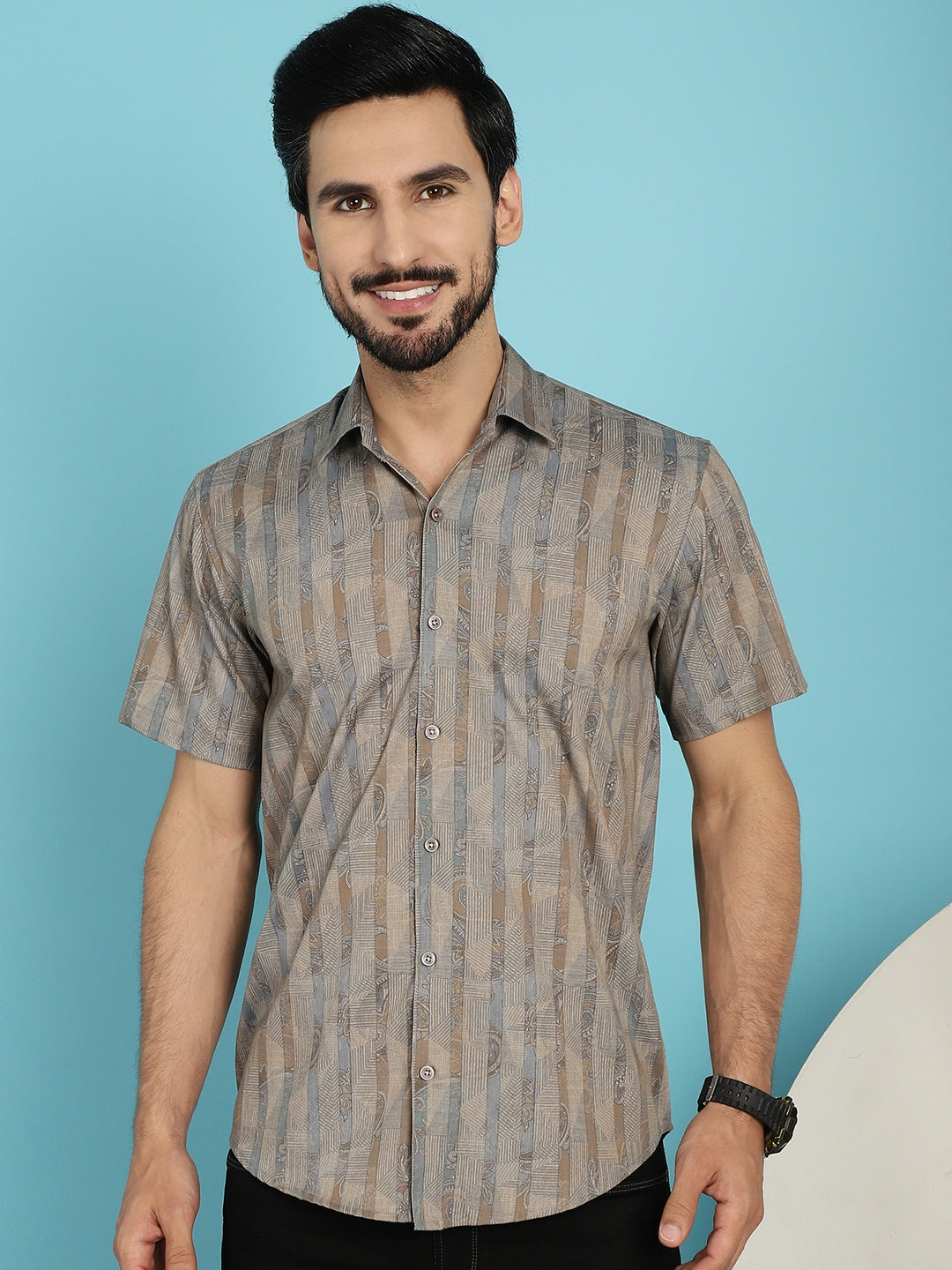 Indian Needle Men's Floral Printed Casual Shirt - Beige | Grocsy