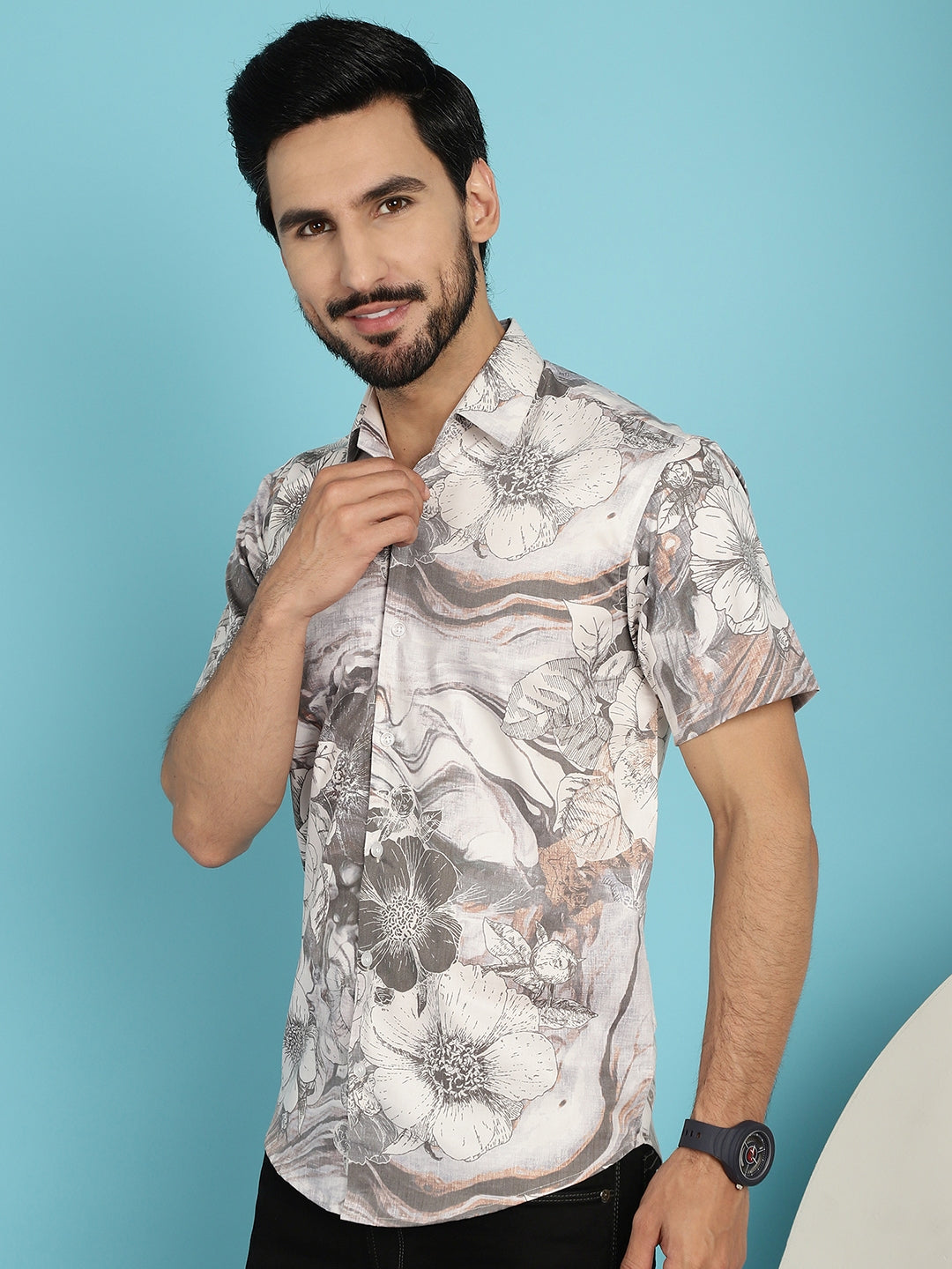 Indian Needle Men's Floral Printed Casual Shirt - Cream | Grocsy