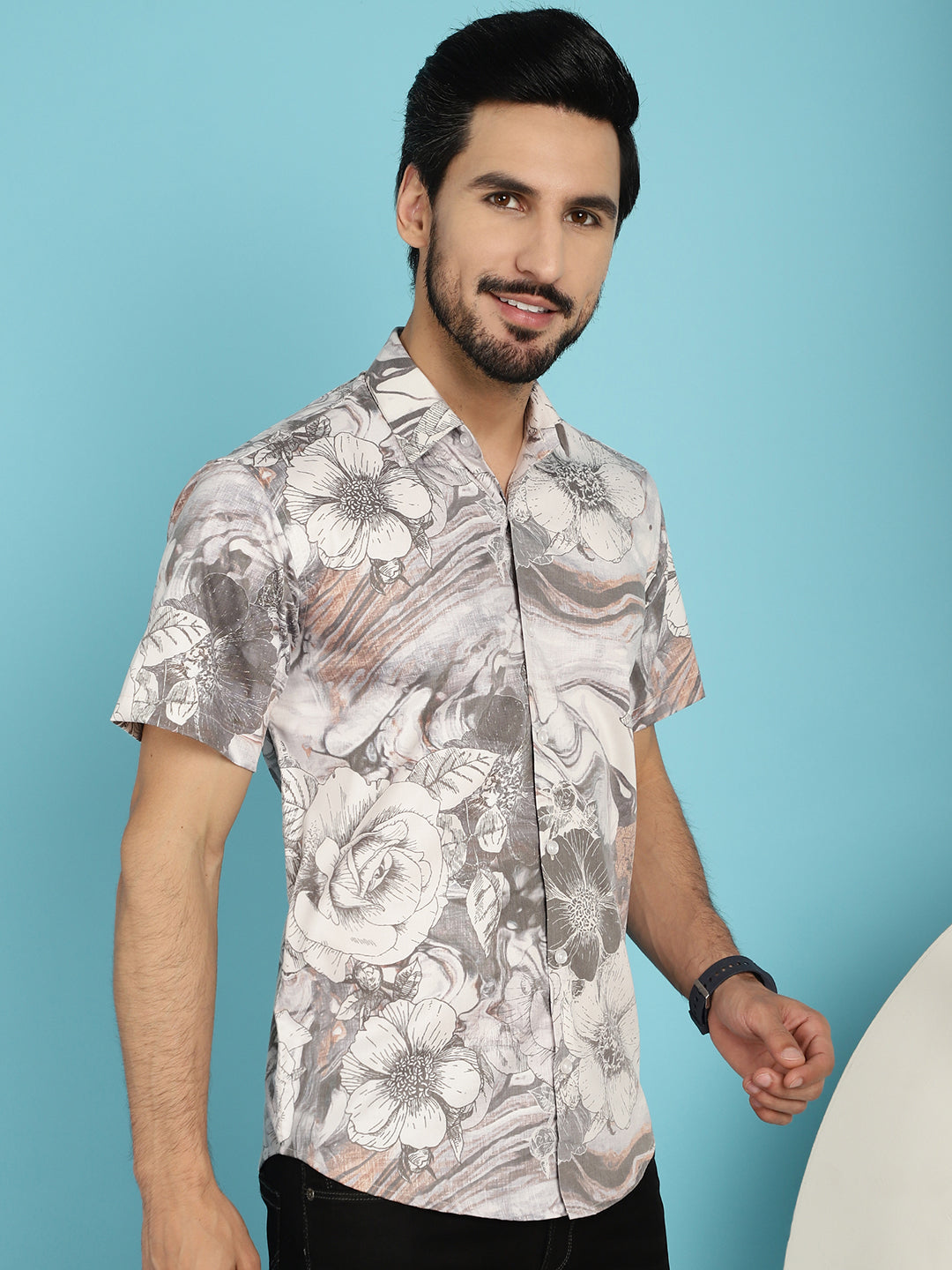 Indian Needle Men's Floral Printed Casual Shirt - Cream | Grocsy