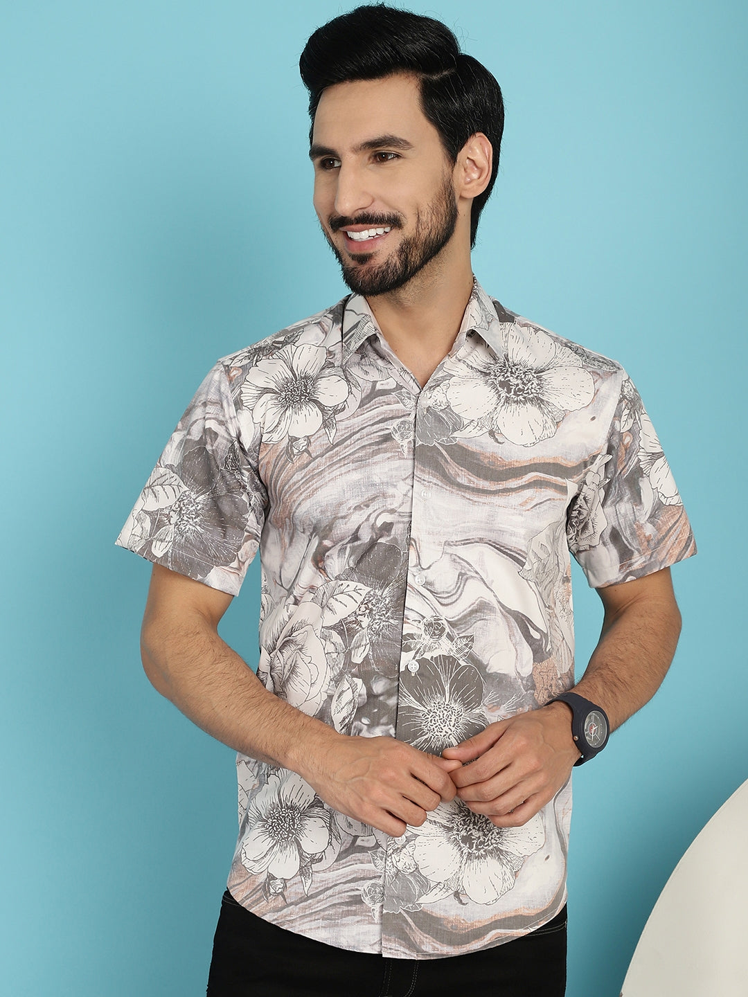 Indian Needle Men's Floral Printed Casual Shirt - Cream | Grocsy