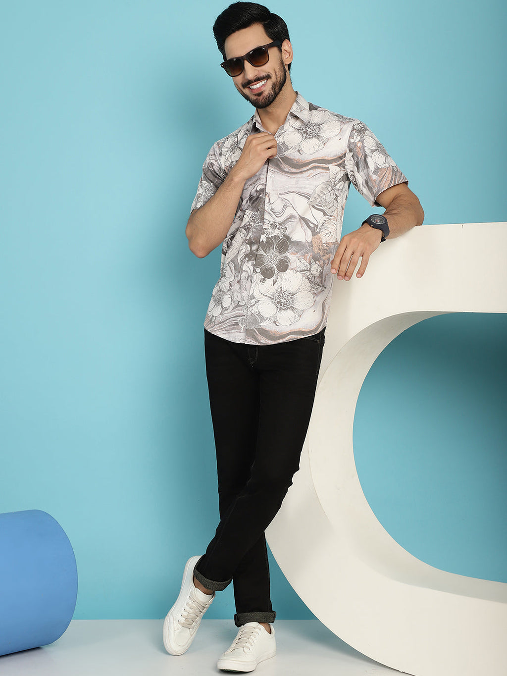 Indian Needle Men's Floral Printed Casual Shirt - Cream | Grocsy