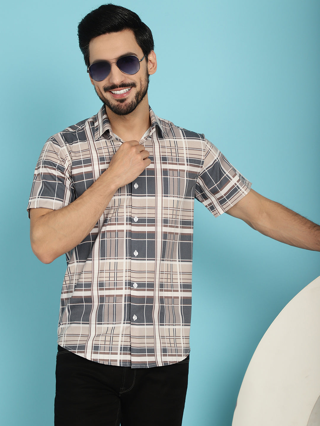 Indian Needle Men's Checked Casual Shirt - Grey | Grocsy