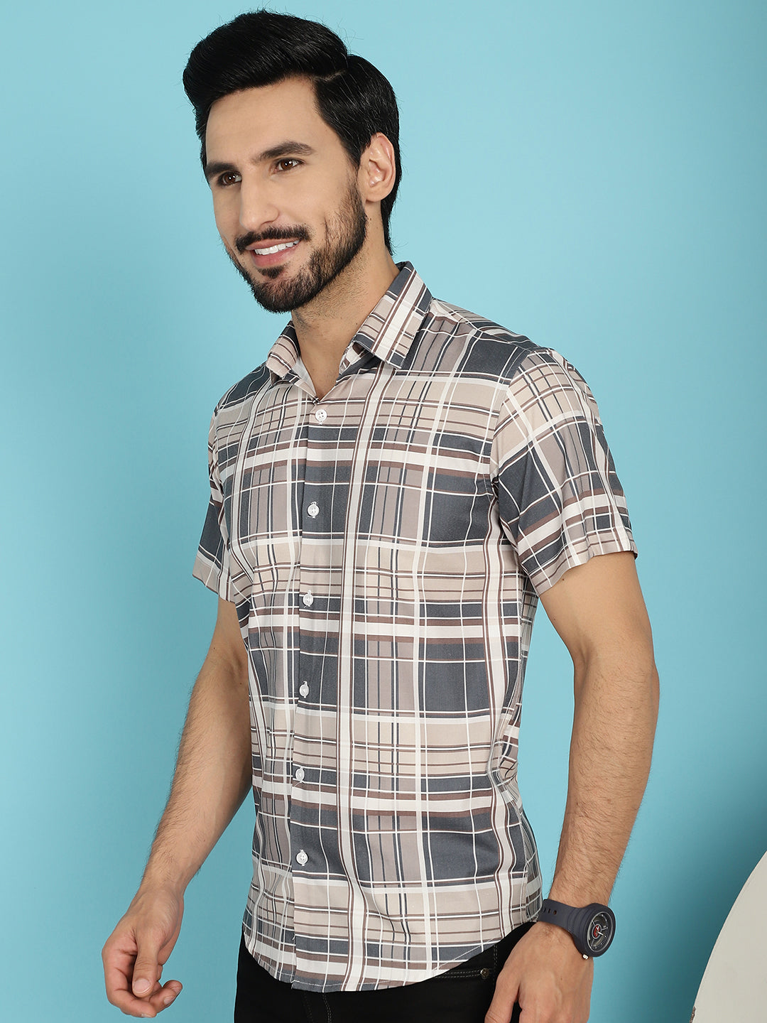 Indian Needle Men's Checked Casual Shirt - Grey | Grocsy