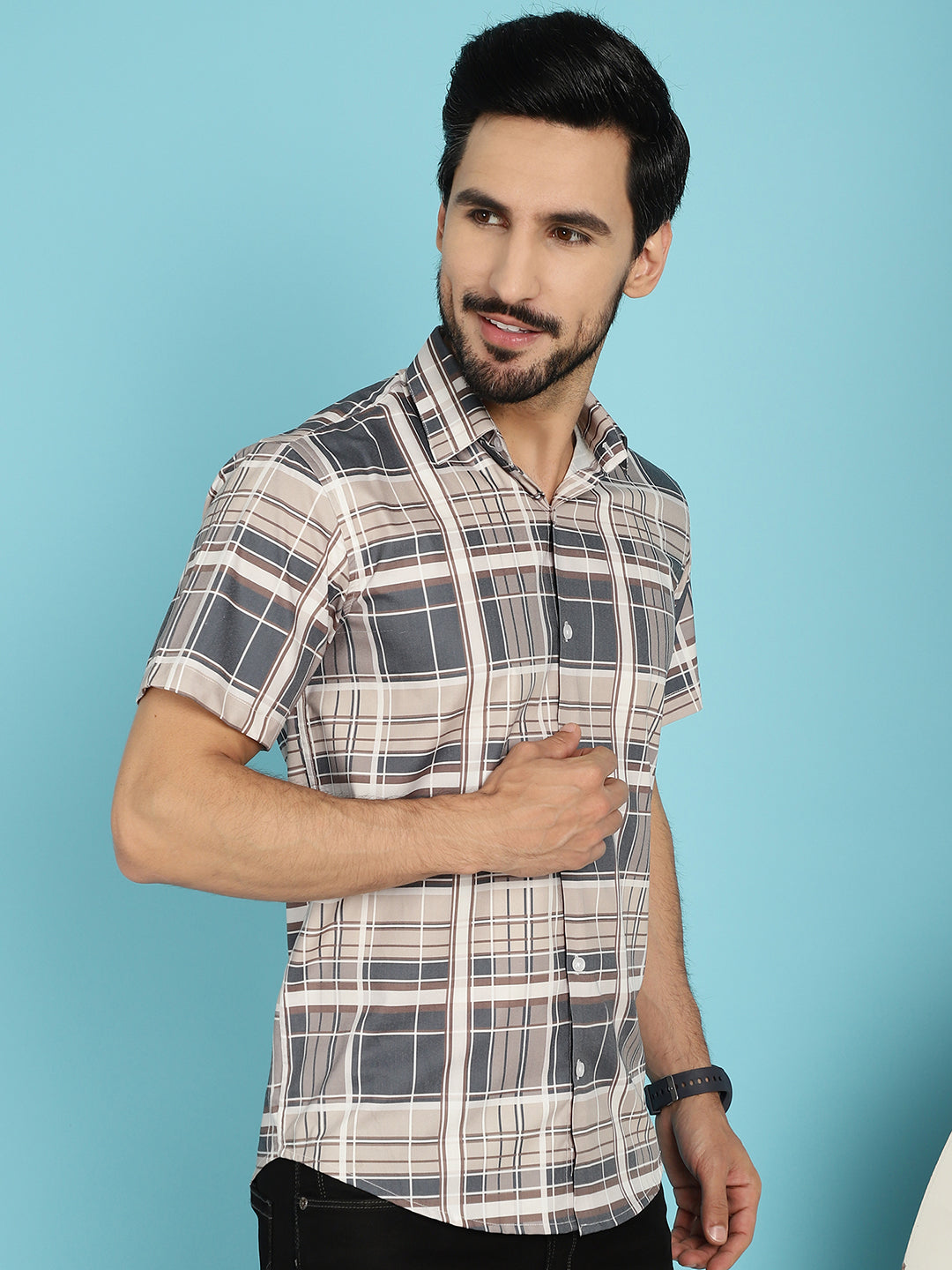 Indian Needle Men's Checked Casual Shirt - Grey | Grocsy