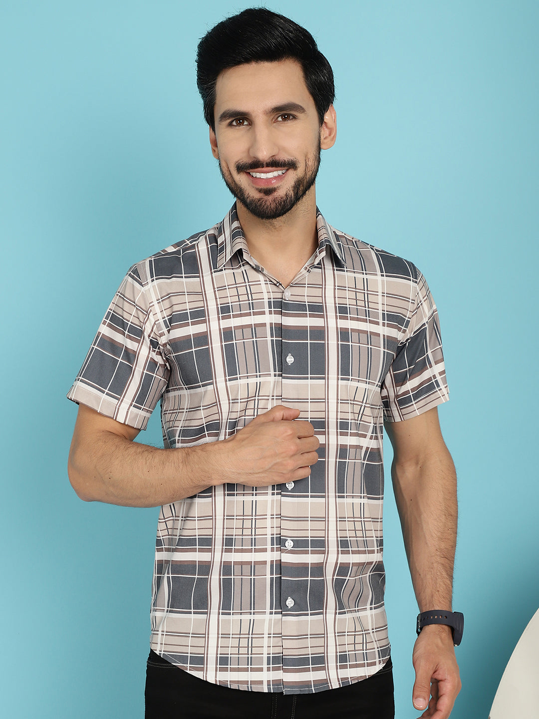 Indian Needle Men's Checked Casual Shirt - Grey | Grocsy