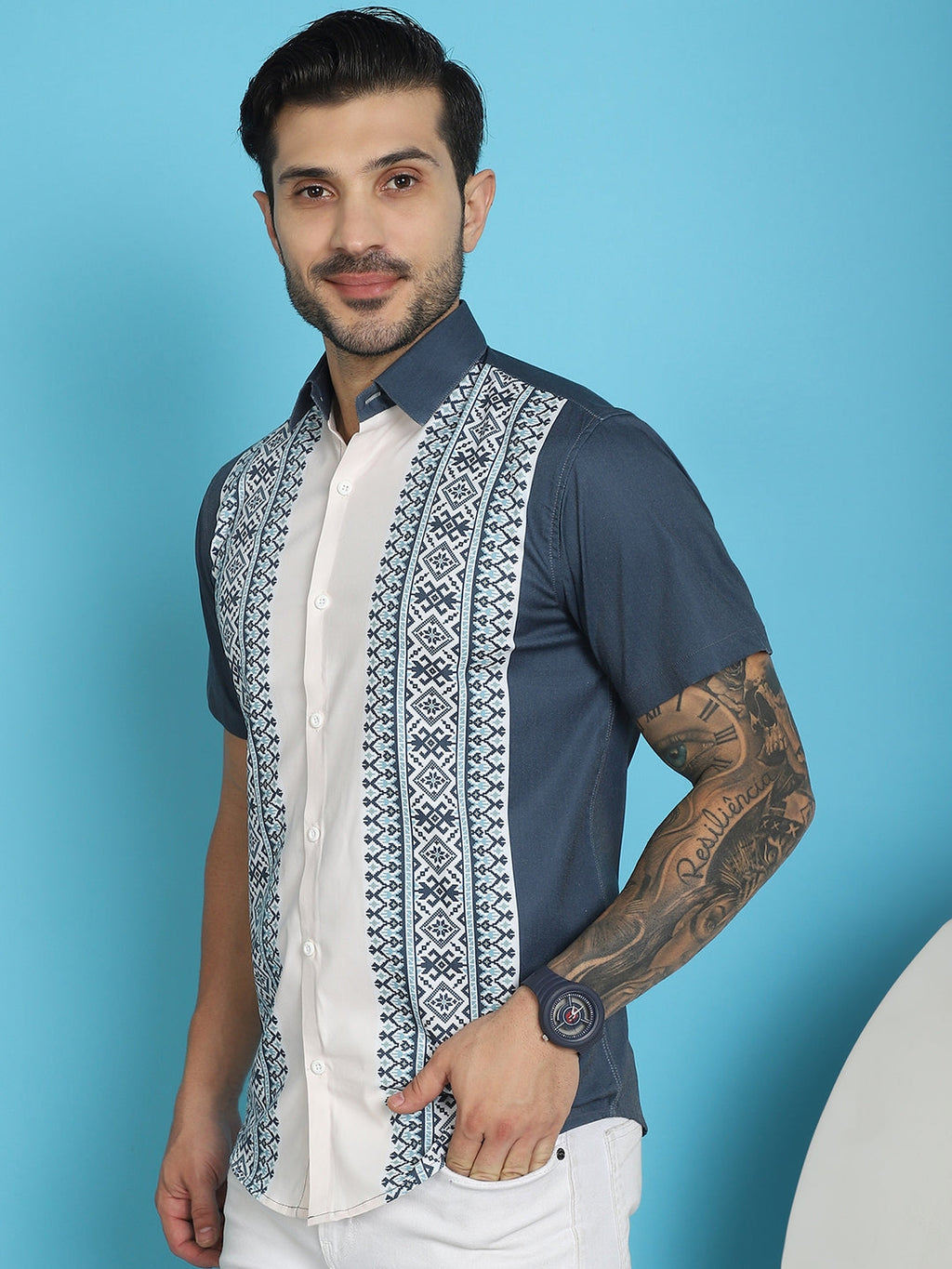 Indian Needle Men's Printed Half Sleeve Lycra Shirt - Charcoal | Grocsy