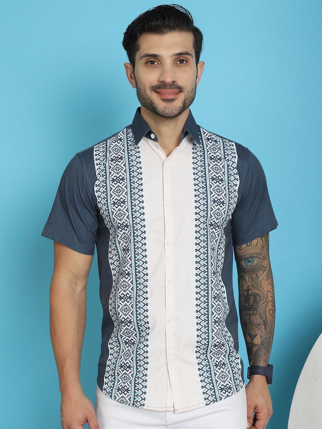 Indian Needle Men's Printed Half Sleeve Lycra Shirt - Charcoal | Grocsy