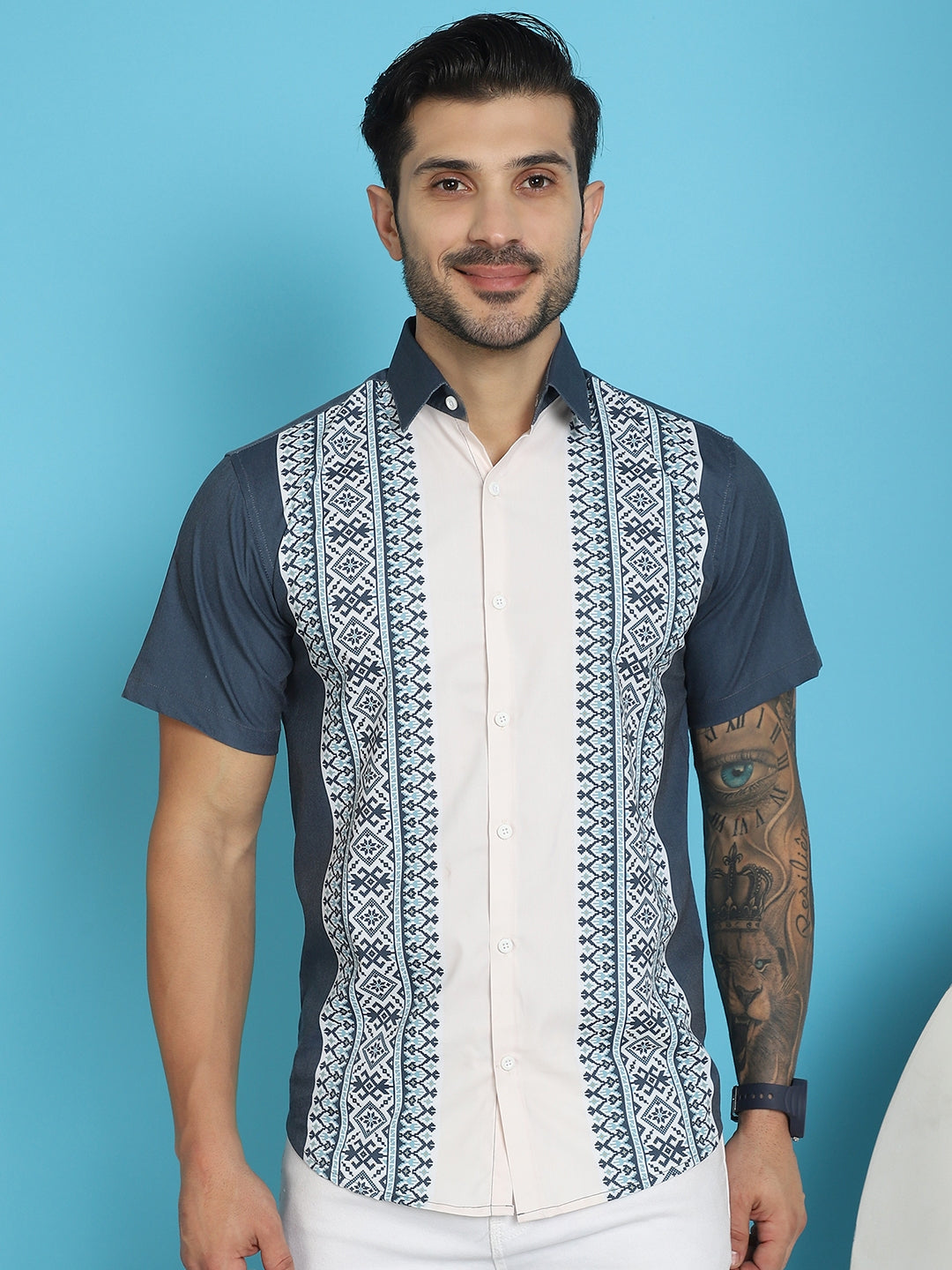 Indian Needle Men's Printed Half Sleeve Lycra Shirt - Charcoal | Grocsy