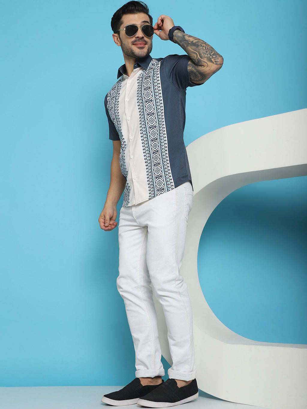 Indian Needle Men's Printed Half Sleeve Lycra Shirt - Charcoal | Grocsy
