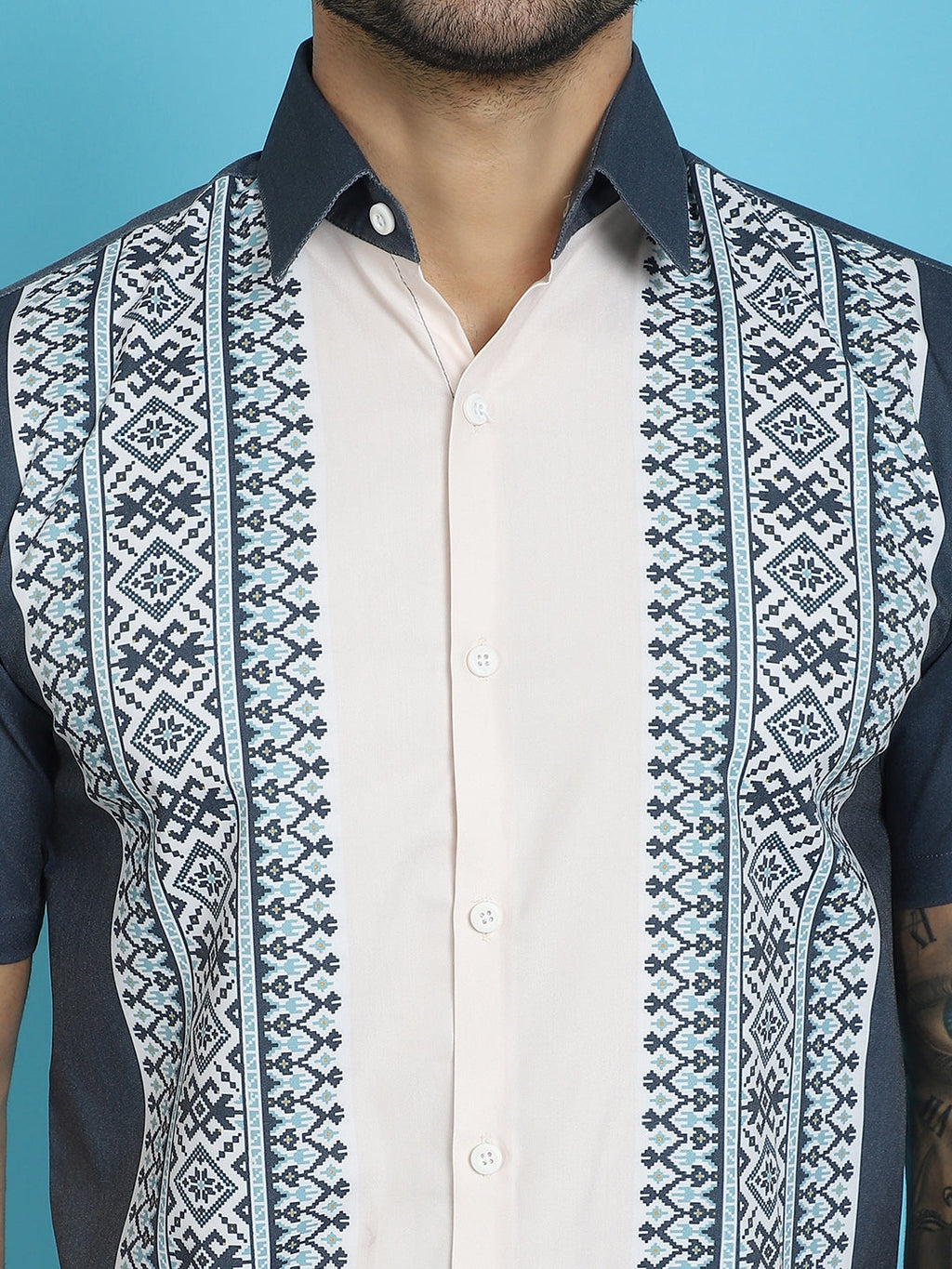 Indian Needle Men's Printed Half Sleeve Lycra Shirt - Charcoal | Grocsy