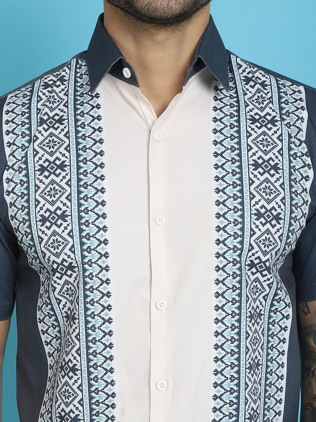 Indian Needle Men's Printed Half Sleeve Lycra Shirt - Charcoal | Grocsy