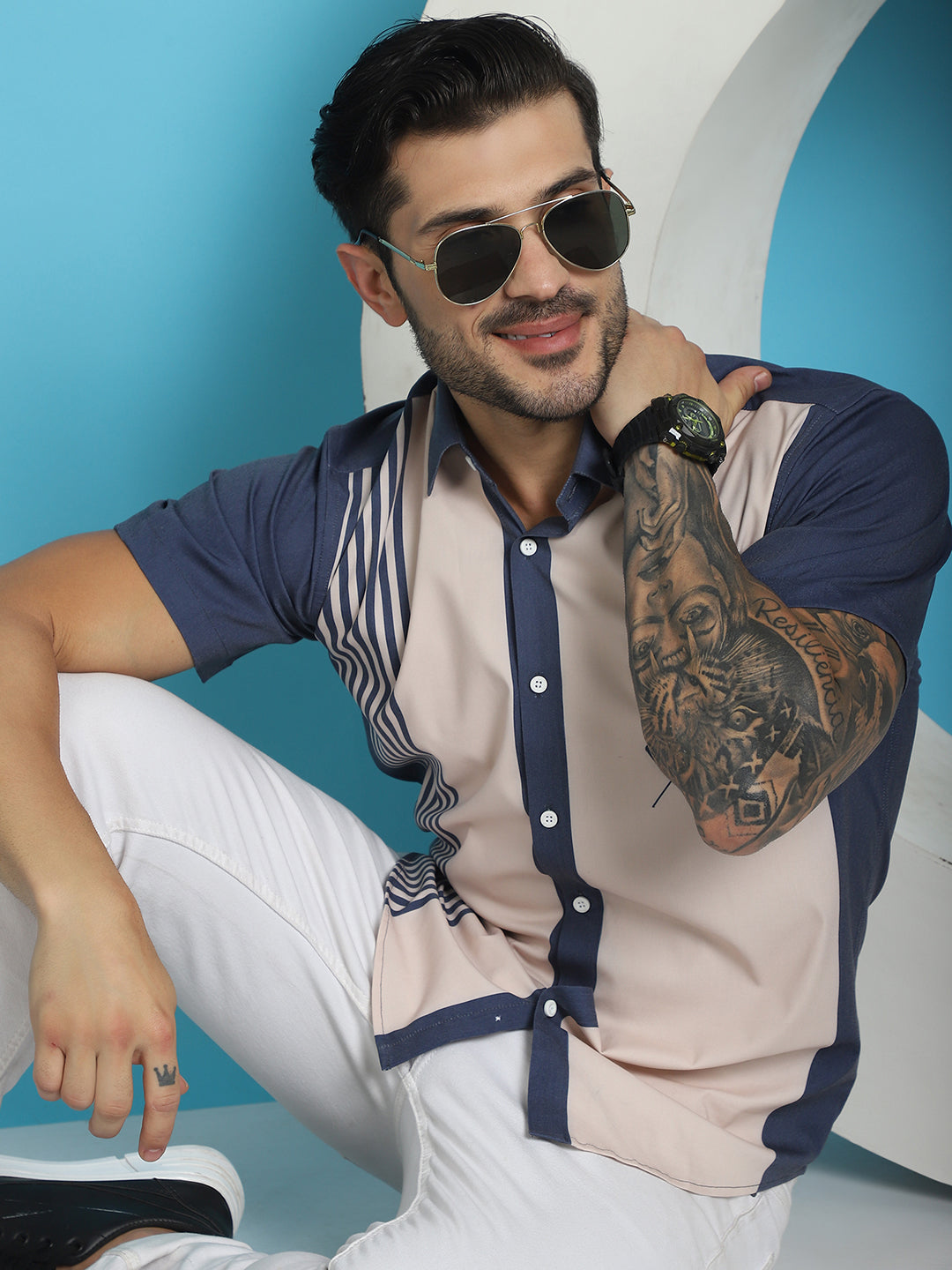 Indian Needle Men's Printed Half Sleeve Lycra Shirt - Cream | Grocsy