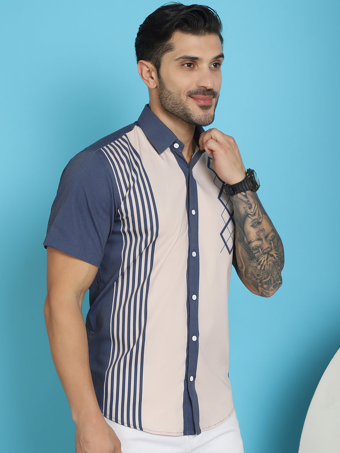 Indian Needle Men's Printed Half Sleeve Lycra Shirt - Cream | Grocsy
