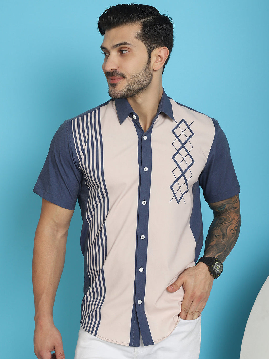 Indian Needle Men's Printed Half Sleeve Lycra Shirt - Cream | Grocsy