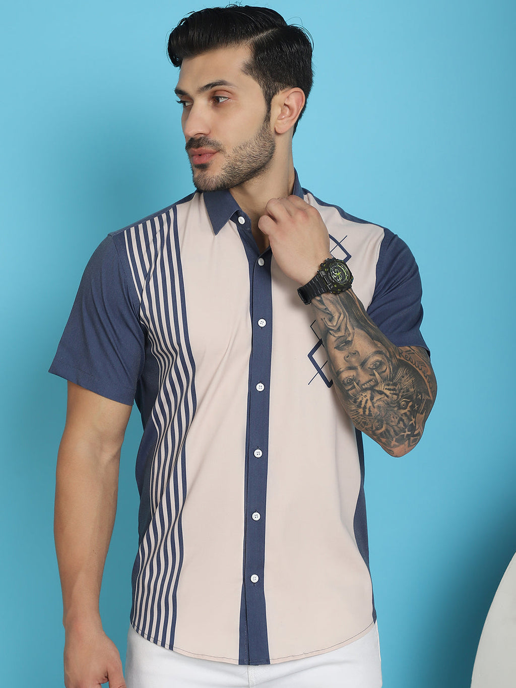Indian Needle Men's Printed Half Sleeve Lycra Shirt - Cream | Grocsy