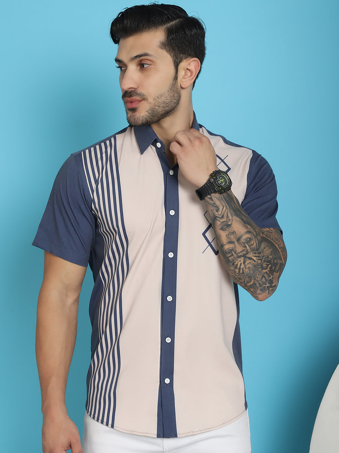 Indian Needle Men's Printed Half Sleeve Lycra Shirt - Cream | Grocsy