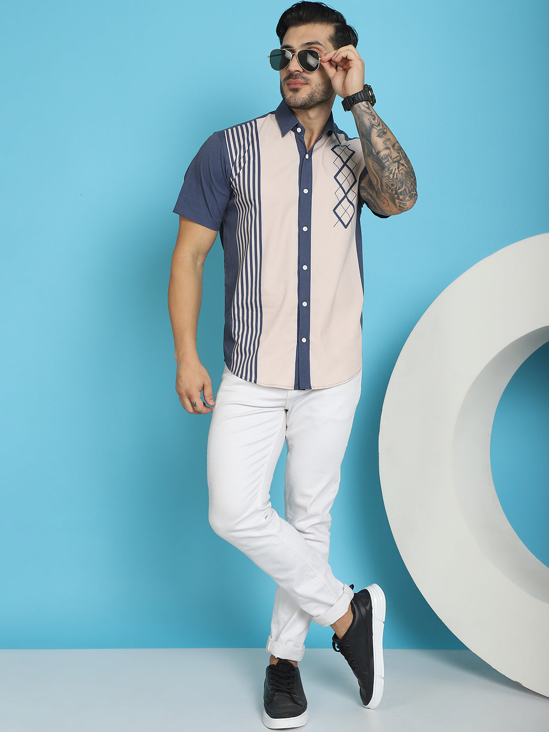 Indian Needle Men's Printed Half Sleeve Lycra Shirt - Cream | Grocsy