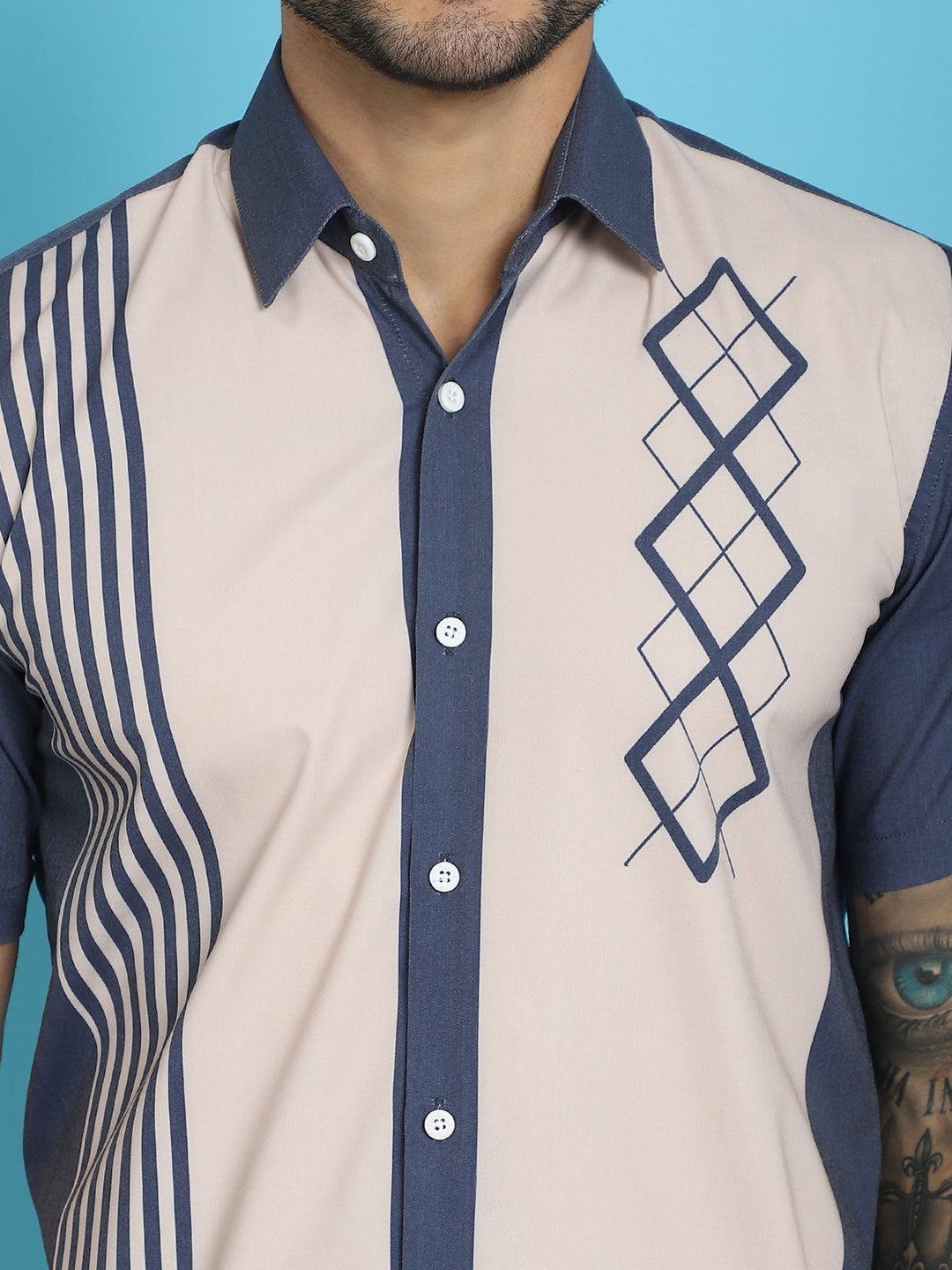 Indian Needle Men's Printed Half Sleeve Lycra Shirt - Cream | Grocsy