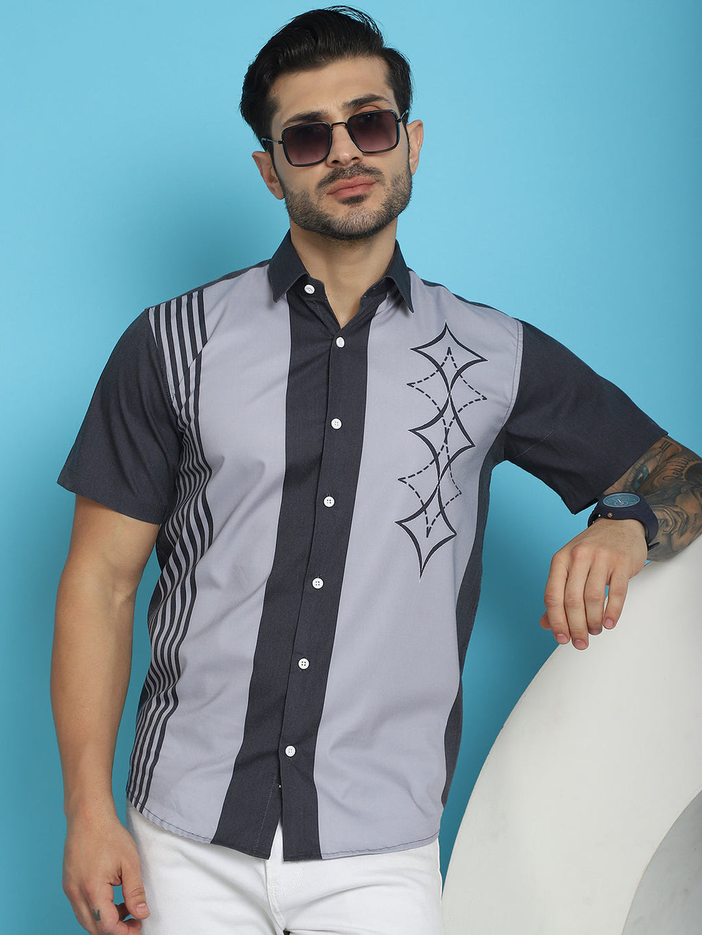 Indian Needle Men's Printed Half Sleeve Lycra Shirt - Grey | Grocsy