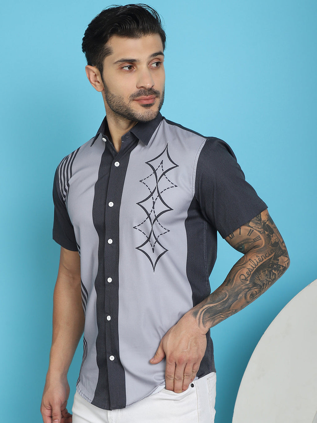 Indian Needle Men's Printed Half Sleeve Lycra Shirt - Grey | Grocsy