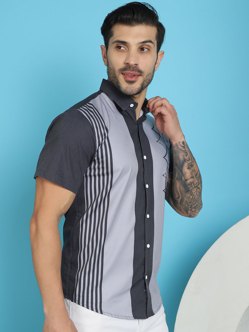 Indian Needle Men's Printed Half Sleeve Lycra Shirt - Grey | Grocsy
