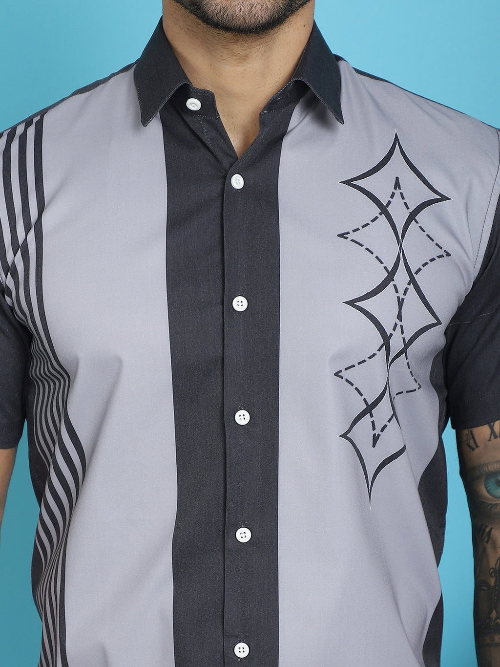 Indian Needle Men's Printed Half Sleeve Lycra Shirt - Grey | Grocsy