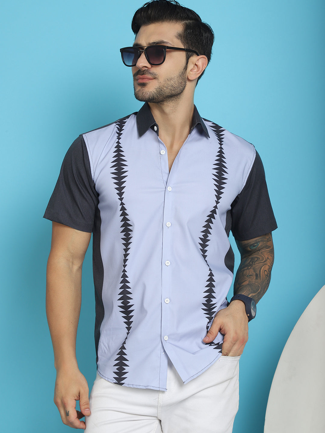 Indian Needle Men's Printed Half Sleeve Lycra Shirt - Sky Blue | Grocsy