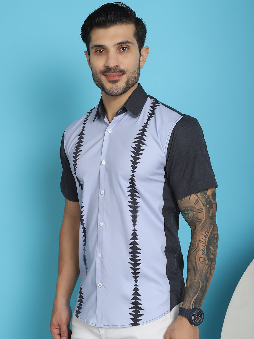 Indian Needle Men's Printed Half Sleeve Lycra Shirt - Sky Blue | Grocsy