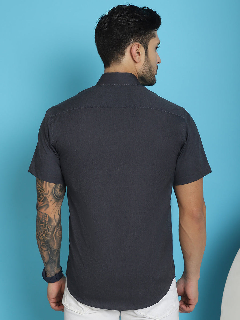 Indian Needle Men's Printed Half Sleeve Lycra Shirt - Sky Blue | Grocsy