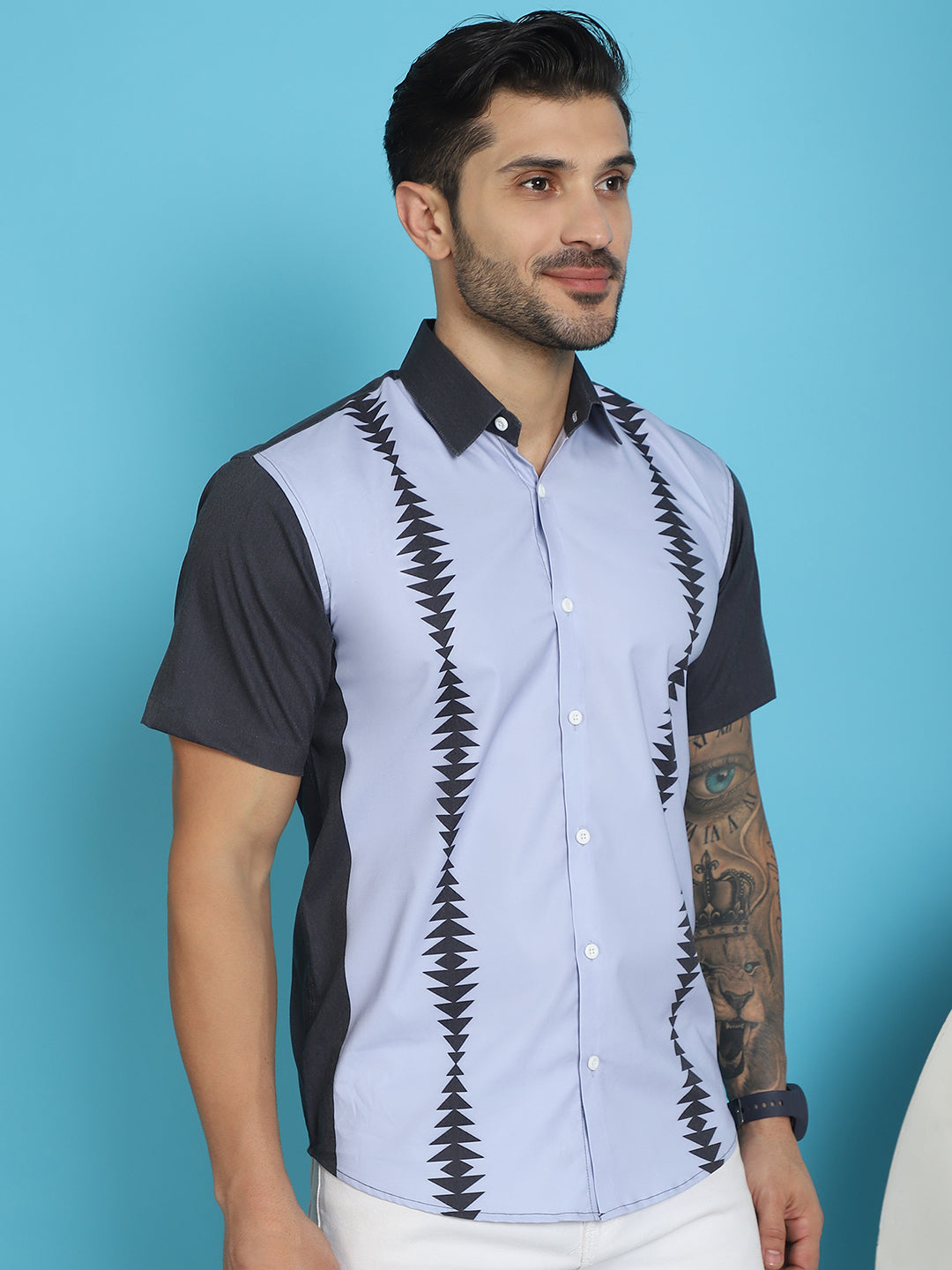 Indian Needle Men's Printed Half Sleeve Lycra Shirt - Sky Blue | Grocsy