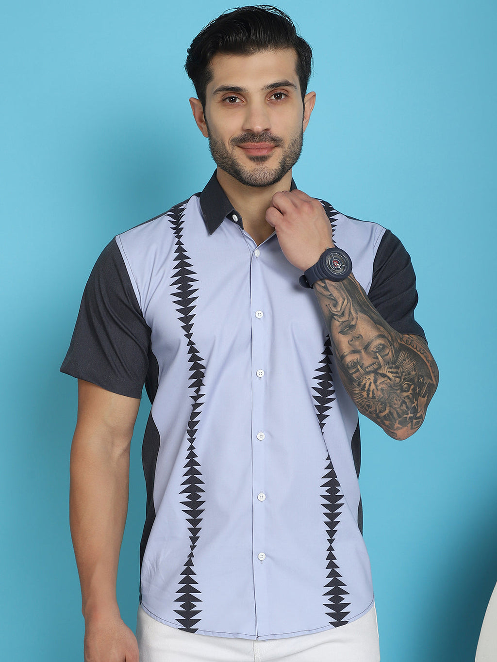 Indian Needle Men's Printed Half Sleeve Lycra Shirt - Sky Blue | Grocsy