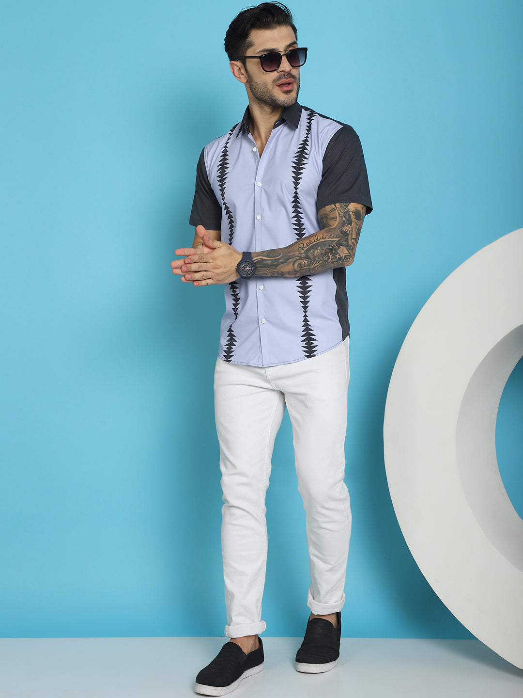 Indian Needle Men's Printed Half Sleeve Lycra Shirt - Sky Blue | Grocsy
